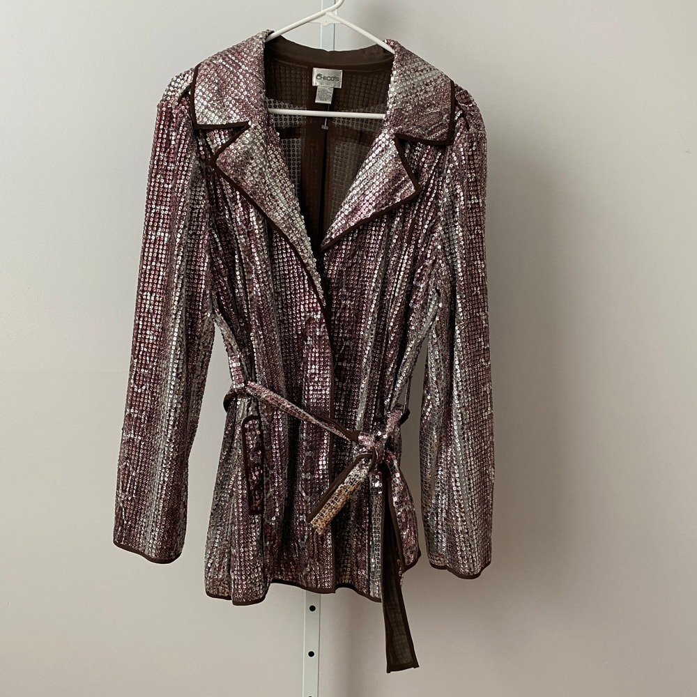 Chico's MobWife Moody Sequin Belted Evening Party Jacket Blazer 2‎ Brown Silver
